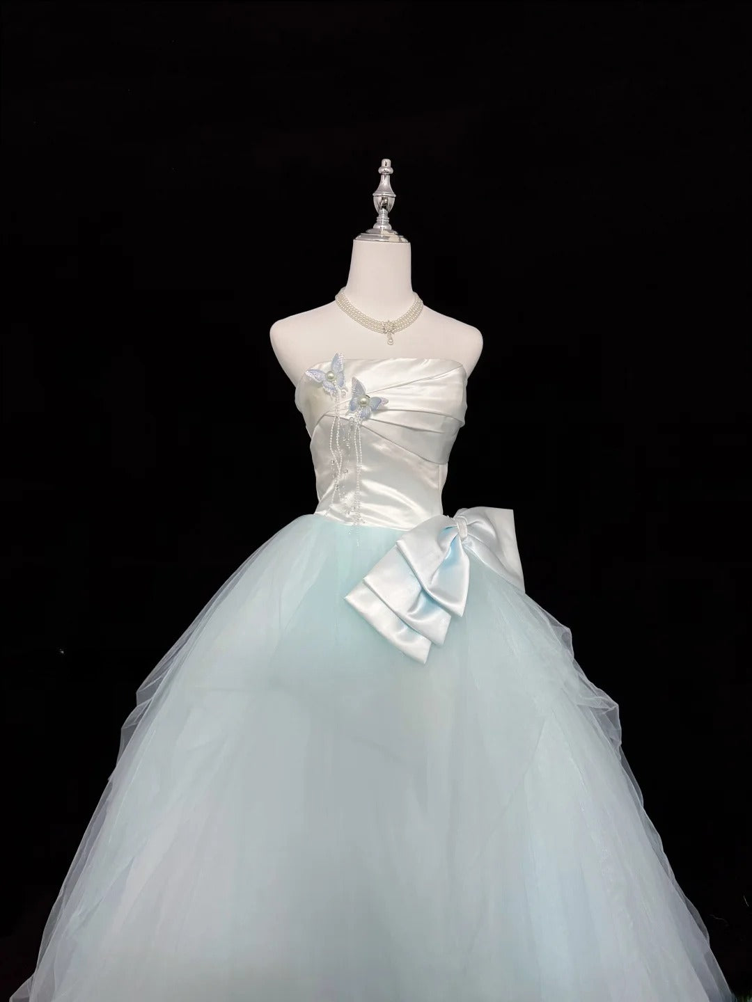 Stunning Ball Gown Strapless Blue Tulle With Bow-knot Quince Dress Voluminous Sweet 16 Sweet Sixteen Outfits Vestido de 15 RB7443
