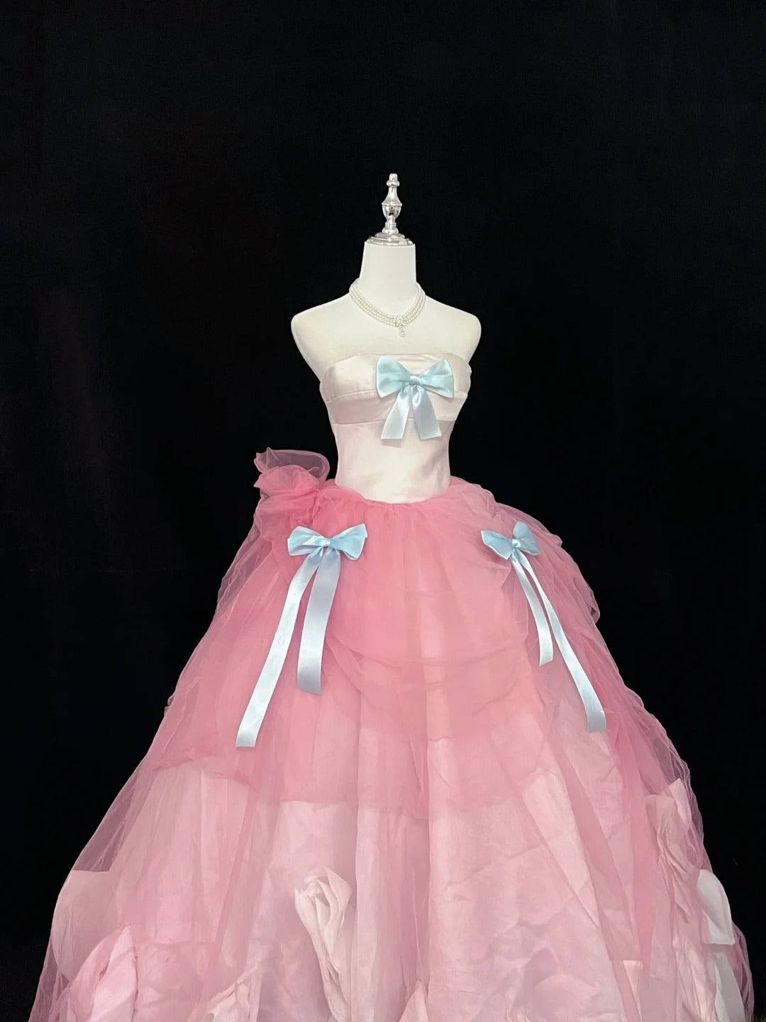 Beautiful Ball Gown Strapless Pink Tulle With Blue Bow-knot Quince Dress Voluminous Sweet 16 Sweet Sixteen Outfits Vestido de 15 RB7444