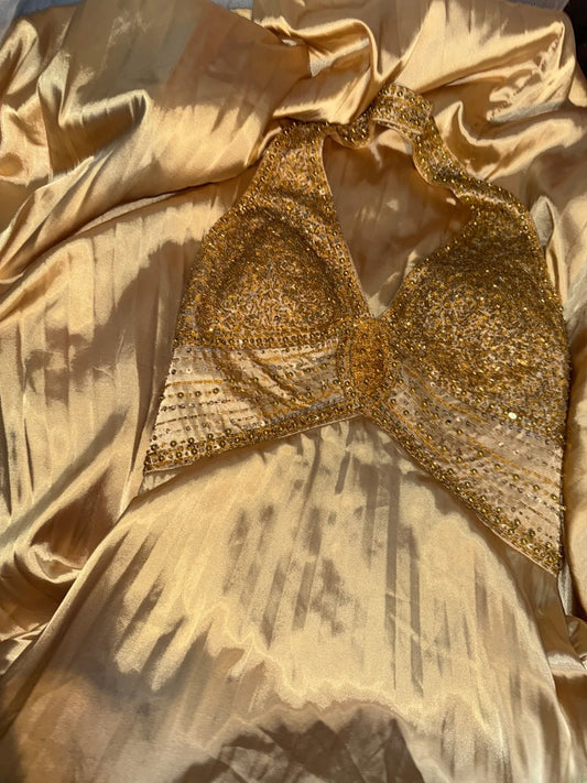 Vintage Prom Dresses A Line Halter Gold Satin Sleeveless With Gold Beading Long Evening Formal Outfits RB3471