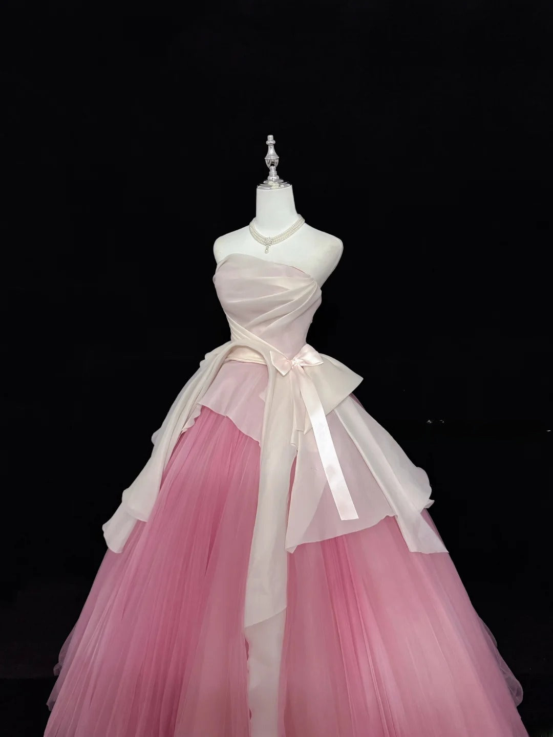 Classy Ball Gown Strapless Pink Tulle With Bow Quince Dress Voluminous Sweet 16 Quinceanera Dresses Vestido de RB7446