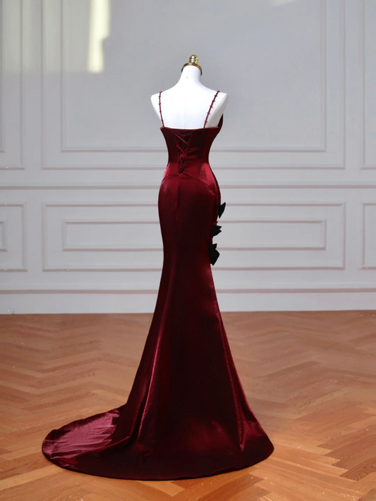 Classy Mermaid Spaghetti Straps Burgundy With Sleeves Long Formal Prom Dresses Dance Night Outfits Party Gowns AQ077