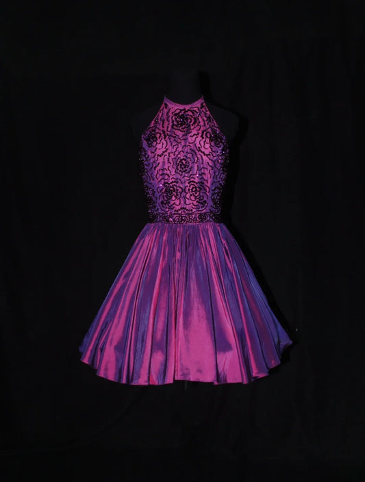 Cute Ball Gown Halter Grape Taffeta With Beads Short 18th Birthday Dress Homecoming Dresses Cocktail Gown AS079