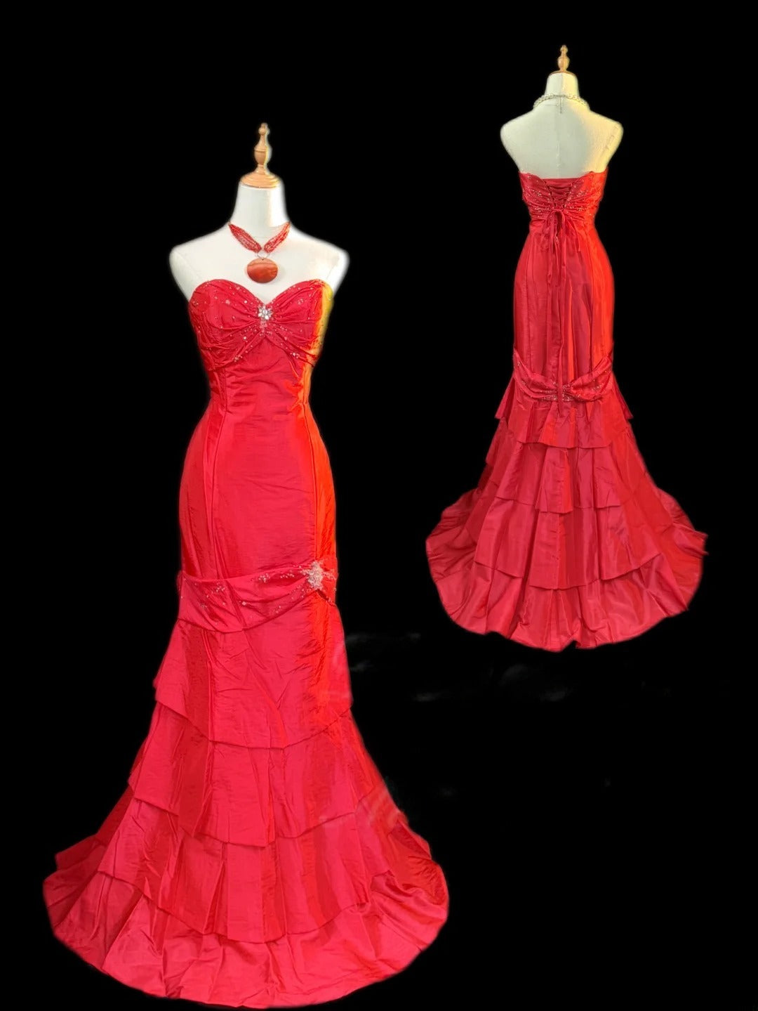 Vintage Prom Dresses Mermaid Sweetheart Red Taffeta Sleeveless With Beading Long Evening Formal Outfits RB3475