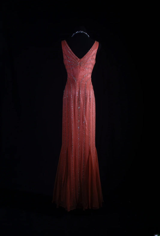 Vintage 1950s Formal Mermaid V Neck Pink Chiffon With Silver Beadings Sleeveless Long Prom Dresses Party Formal Gowns AS081