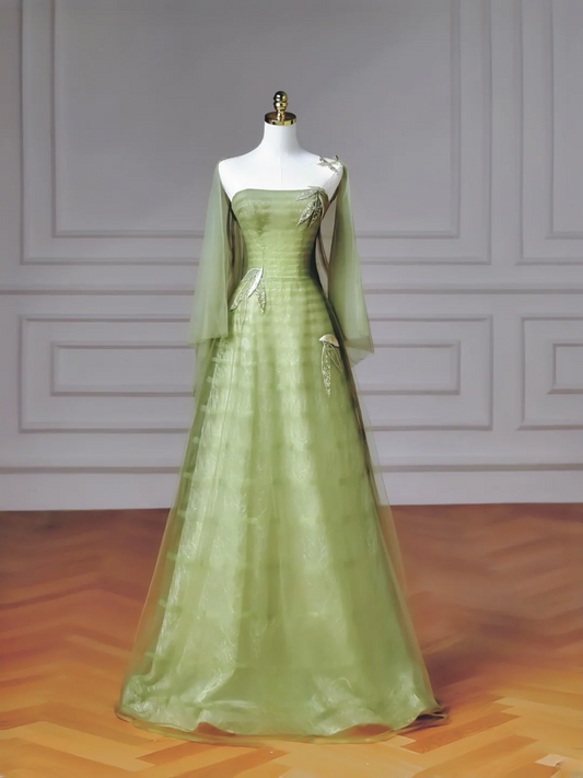 Fairy-tale Ball Gown Strapless Green Tulle With Cape Long Formal Fancy Beaded Prom Evening Dress Dinner Outfits Party Gowns AQ081