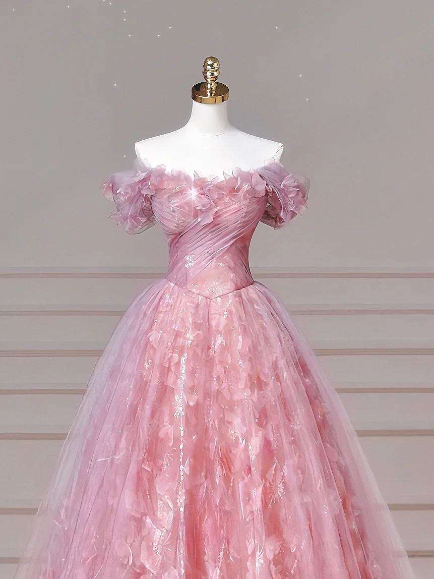 Elegant Ball Gown Off The Shoulder Pink Tulle Long Formal Fancy Prom Evening Dress Dinner Outfits Party Gowns AQ089