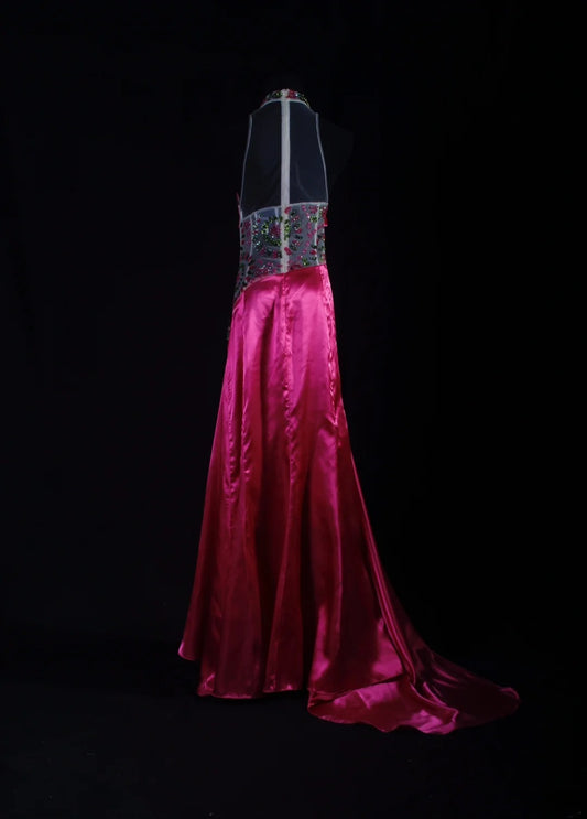 Vintage Mermaid High Neck Hot Pink Satin Party Dress With Beads 1950s Retro Classy Birthday Dinner Long Prom Dresses AS089