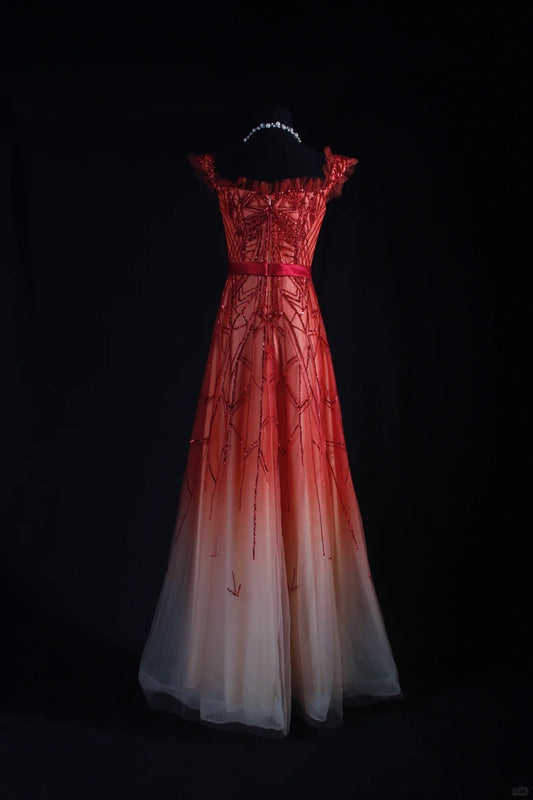 Vintage A line Ombre Red Tulle Square Neck Party Dress With Beads 1950s Retro Classy Birthday Dinner Long Prom Dresses AS090