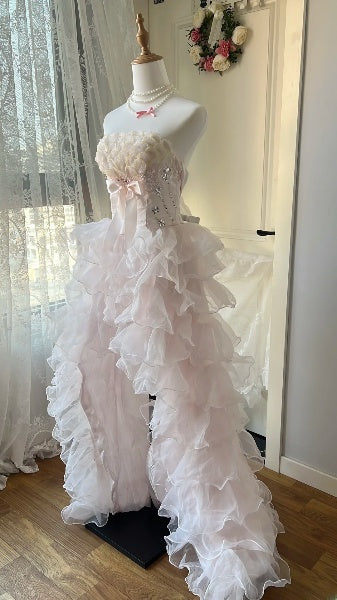 Prom Dress High Low Strapless Pink With Tiered Layers Formal Party Gown For Women RC0462