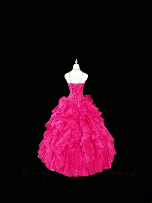 Modest Ball Gown Strapless Hot Pink Sleeveless With Beading Tiered Layers Long Quinceanera Dress vestido de 15 de cenicienta RB3490