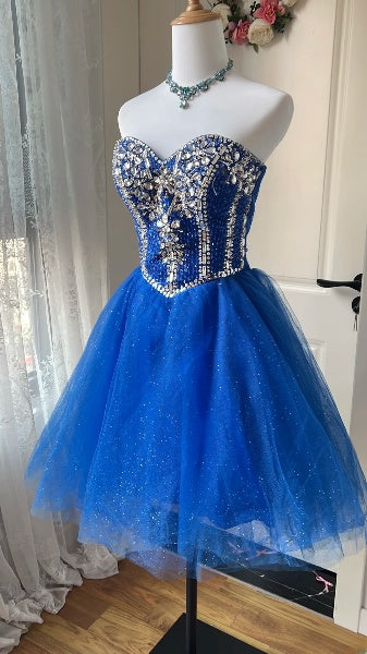 Sparkly Hoco Dress Ball Gown Sweetheart Royal Blue Short Homecoming Birthday Party Dress RC0468