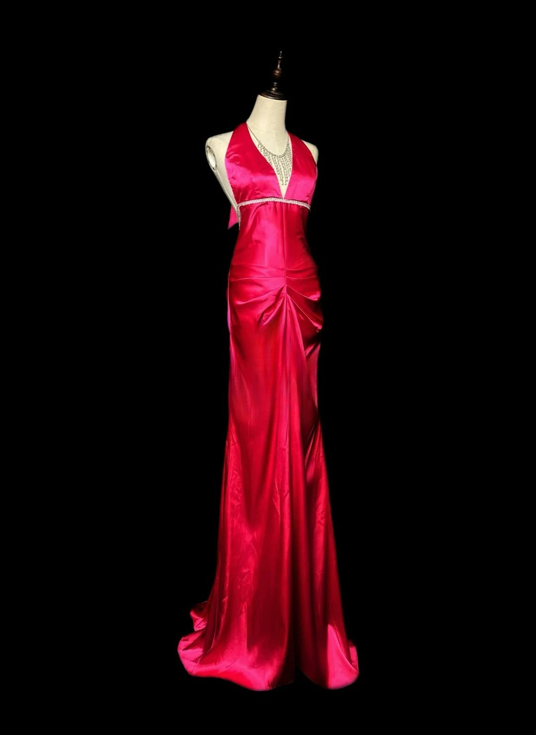 Vintage 80s Prom Dresses Mermaid V Neckline Hot Pink Satin With Backless Beaded Long Evening Dress Formal Outfits RB5907
