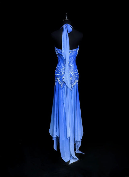 Vintage 1980s Prom Dresses A Line Halter Gradient Blue Colors With Beaded Evening Dress Formal Outfits RB5908