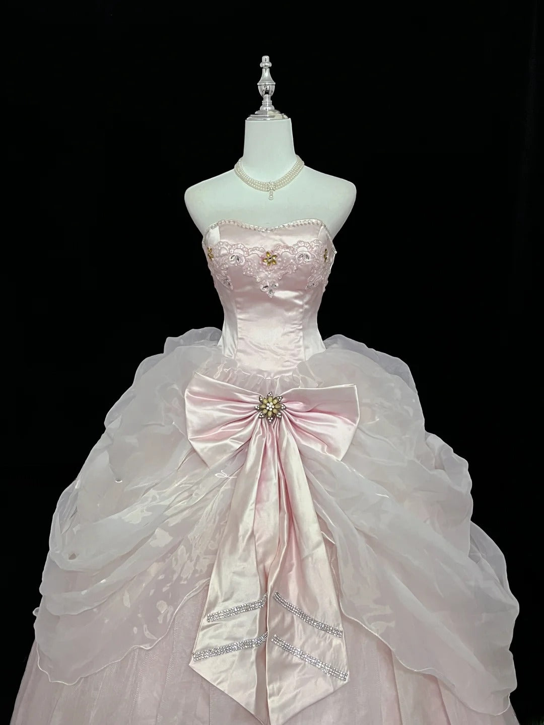 Princess Ball Gown Strapless Organza Pink With Bow-Knot Quince Dress Voluminous Sweet 16 Sweet Sixteen Outfits Vestido de 15 RB7476
