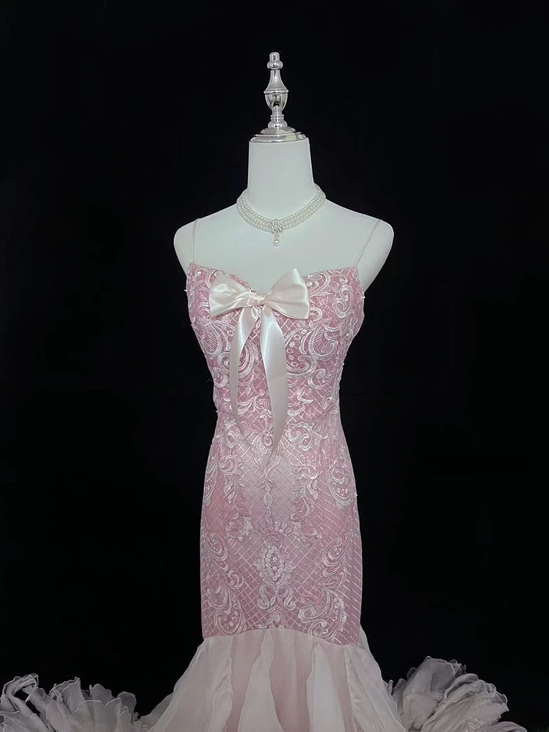 Vintage Mermaid Spaghetti Straps Chiffon Pink With Tiered Layers Lace Prom Dress Formal Outfits Party Dresses RB7489