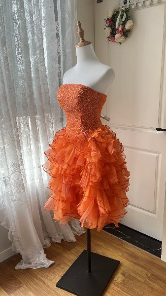 Hoco Dress Ball Gown Strapless Orange Tulle Short Homecoming Birthday Party Dress RC0498