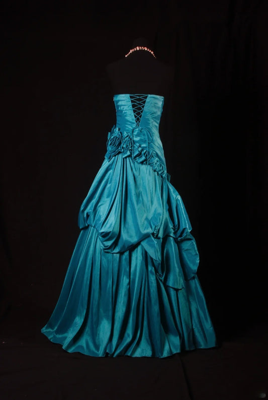 Vintage Ball Gowns Women's Cocktail Party Gowns Strapless With Ruched Flowers Blue Long Graduation Dinner Outfits Prom Dresses AS134