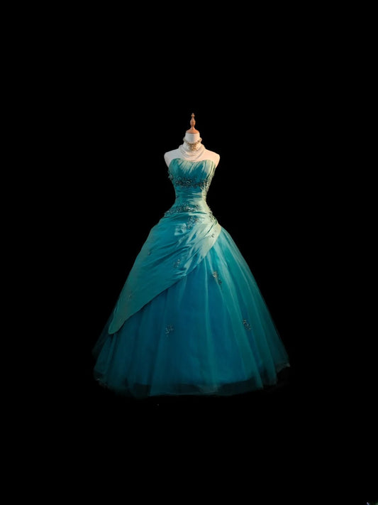 Cute Ball Gown Strapless Blue Taffeta With Appliqued Long Sleeveless Sweet 16 Dresses Seventeen Quince Dress RB3584