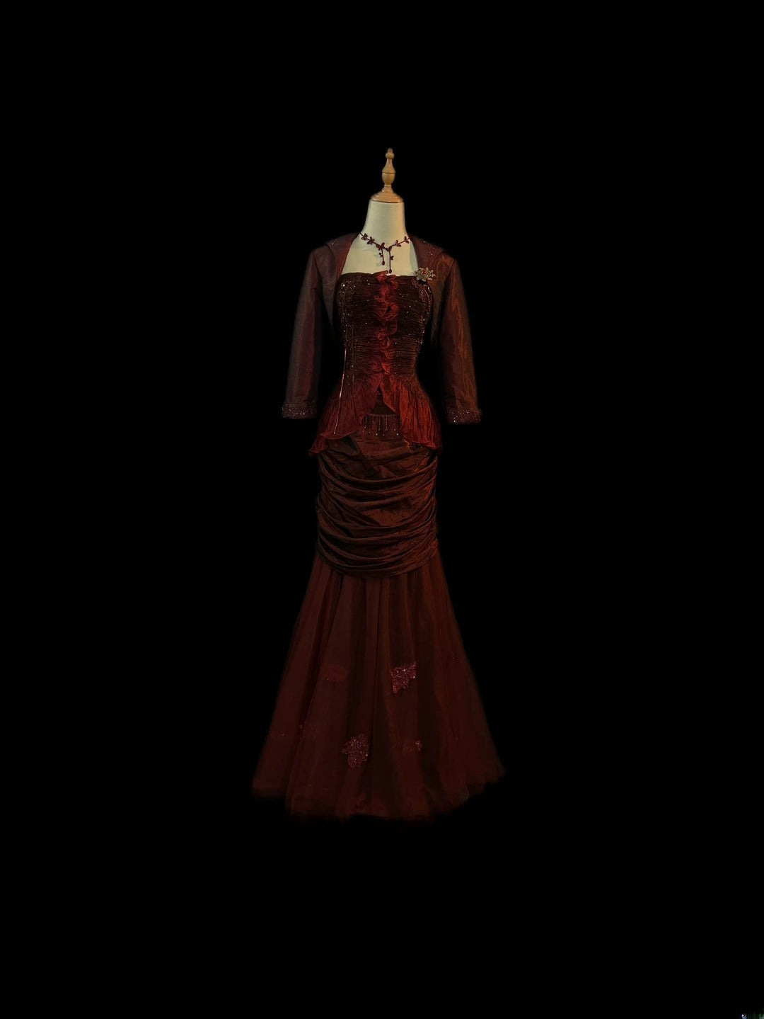 Vintage 70s Prom Dresses Mermaid Strapless Burgundy With Cape For Women Long Evening Formal Outfits RB3587