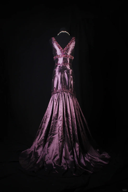 Retro Vintage 1960s Formal Mermaid V Neck Purple With Beads Long Prom Dresses Party Formal Gowns AS144