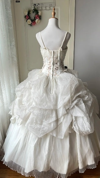 Sweet 15 Quinceanera Dress Ball Gown Spaghetti Straps White With Lace Ruffled Long 15th Birthday Gown RC0510
