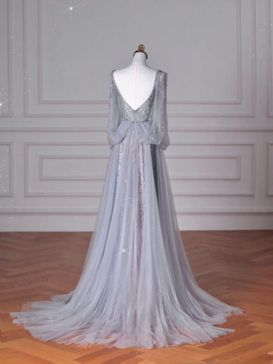Elegant A Line V Neck Silver Gray Tulle Long Formal Prom Dresses Dance Night Outfits Evening Party Gowns AB2207
