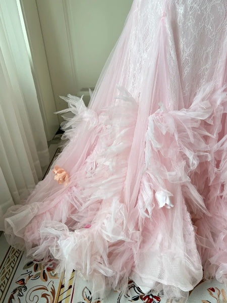 Prom Dress Mermaid V Neck With 3D Flowers Lace Long Pink Formal Party Gown For Senior Women RC0511