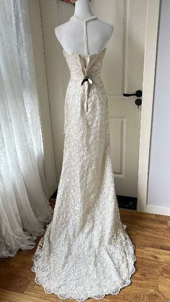 Chic Wedding Dress Mermaid Strapless White Lace With Gold Beading Lace Bridal Gown RC0514