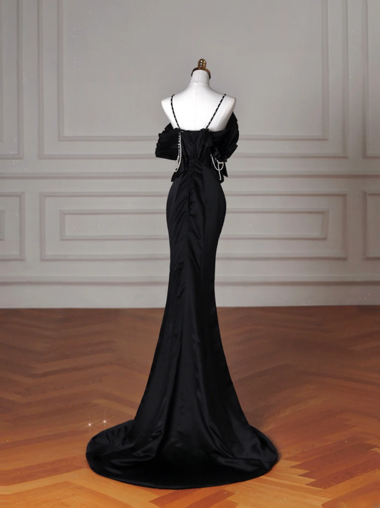 Modest Mermaid Spaghetti Straps Black Prom Dresses Inspiration Satin Prom Dress Graduation Dress AS152