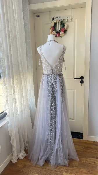 Prom Dress A line Grey V Neck With Beading Long Tulle Formal Party Gown For Senior Women RC0517