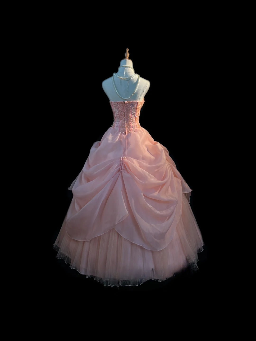 Princess Ball Gown Strapless Pink Tulle Long With Beading Sweet 16 Dresses Seventeen Quince Dress RB3595