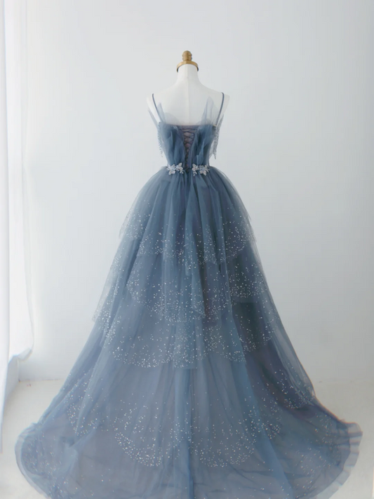 Gorgeous Dusty Blue Sparkly Tulle Beaded Prom Dress Tiered Formal Gown With Rhinestone Party Gowns AS161