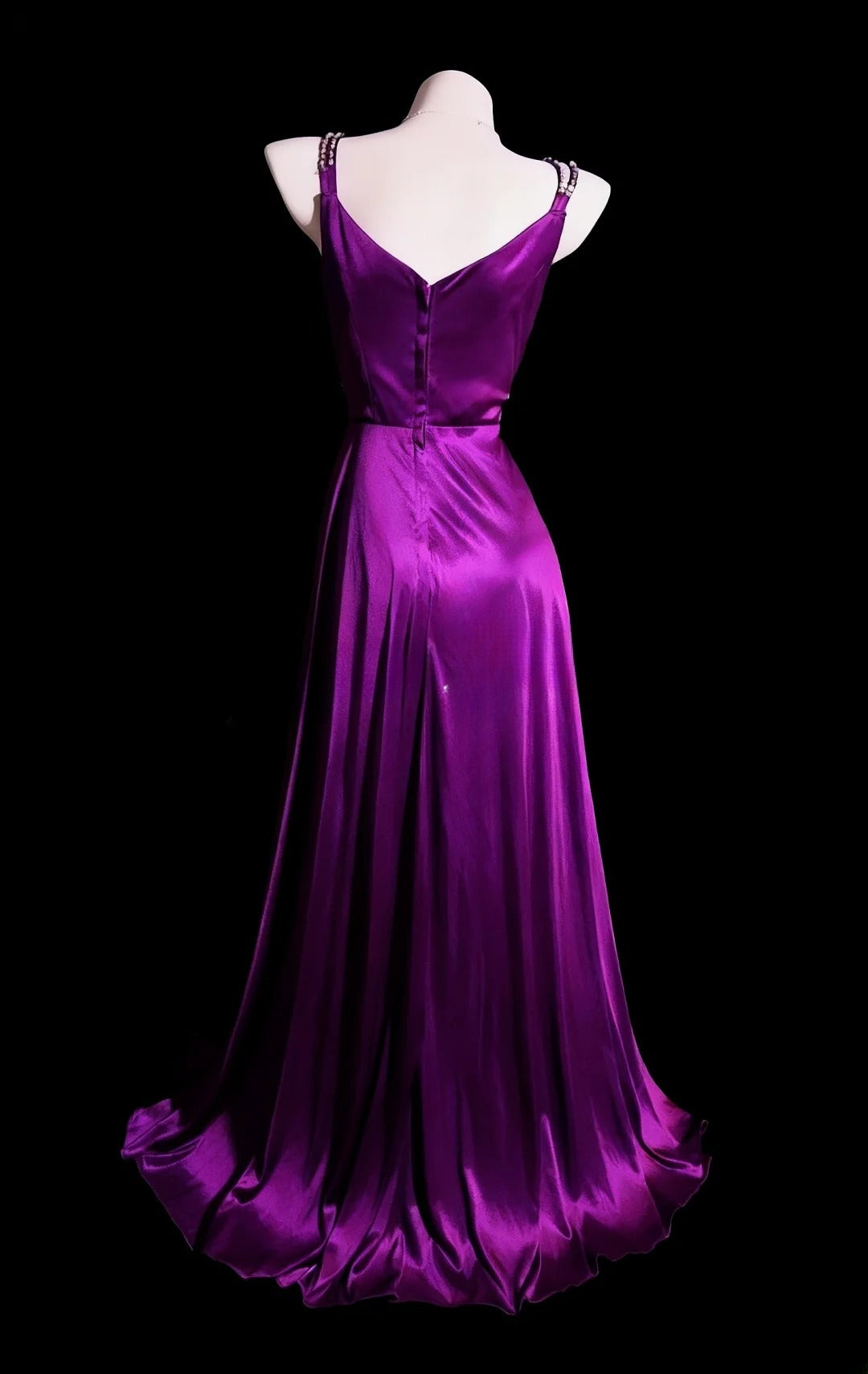 Satin Prom Dresses A Line Straps Purple With Beading Floor Length Formal Party Gown RB9954