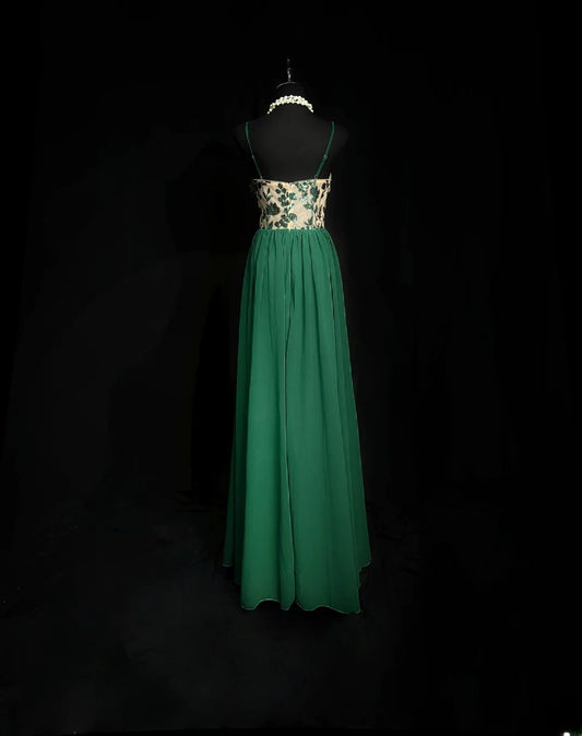 Vintage Prom Dresses A line Spaghetti Strap Green Chiffon With Sleeves Long Party Gown Formal Outfits RB5971