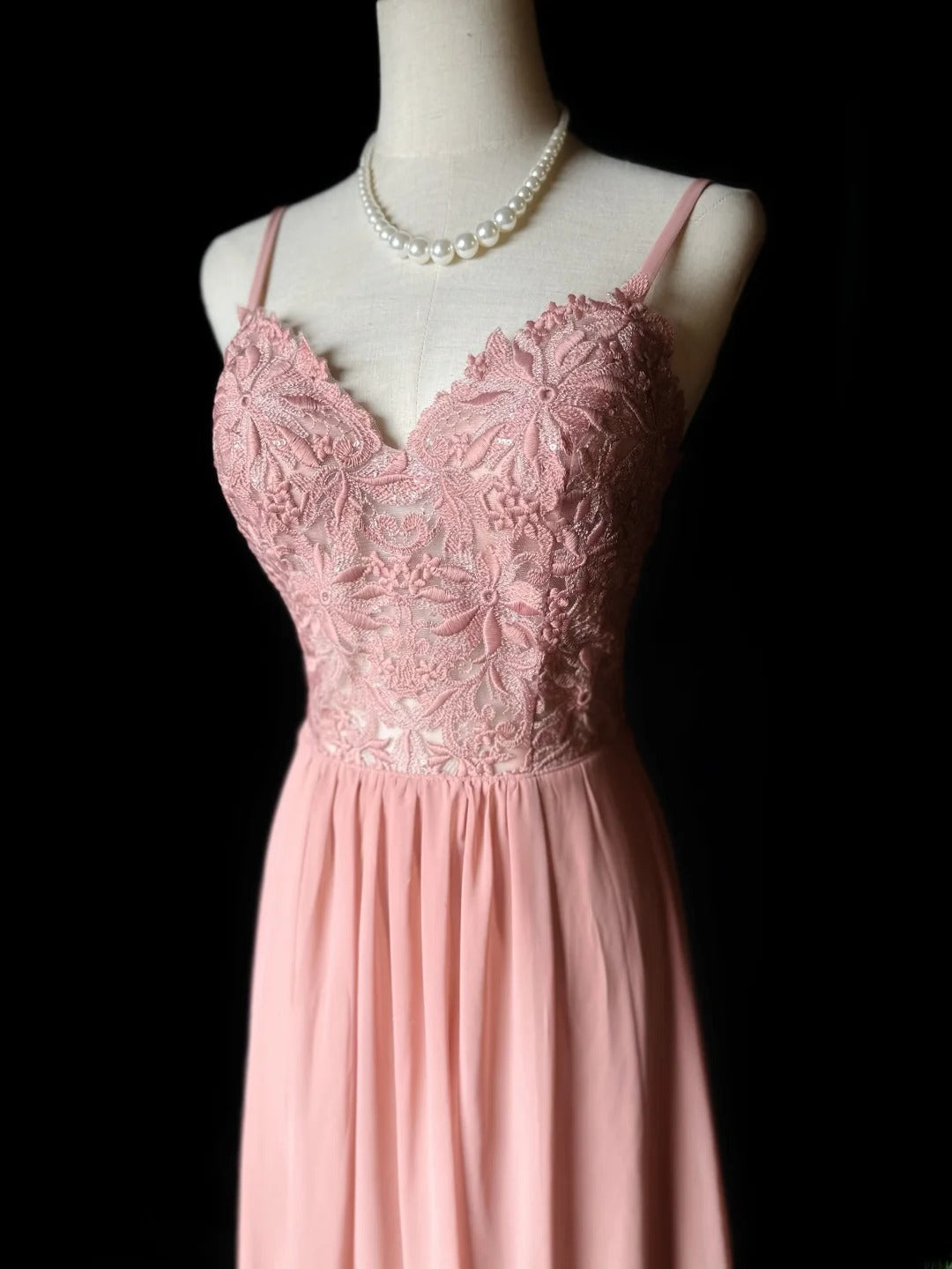 Vintage Prom Dresses A line Spaghetti Strap Pink Chiffon Lace Long Party Gown Formal Outfits RB5972