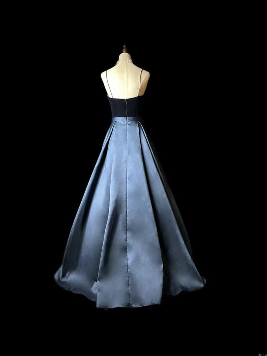 Vintage Prom Dresses A line Spaghetti Strap Navy Blue Satin Long Party Gown Formal Outfits RB5973