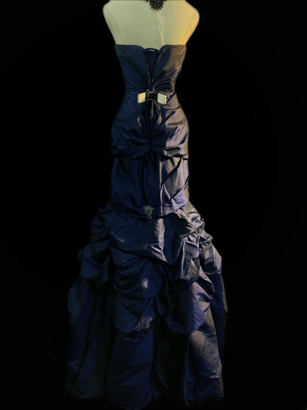 Vintage Prom Dresses Mermaid Strapless Navy Blue Taffeta With Lace Sleeveless Long Evening Formal Outfits RB3600