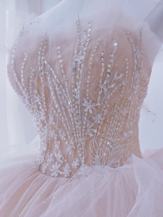 Unique Ball Gown Strapless Light Pink With Multi Layered Beadings Long Quinceanera Dresses Sweet 15 16 Birthday Gown AS166