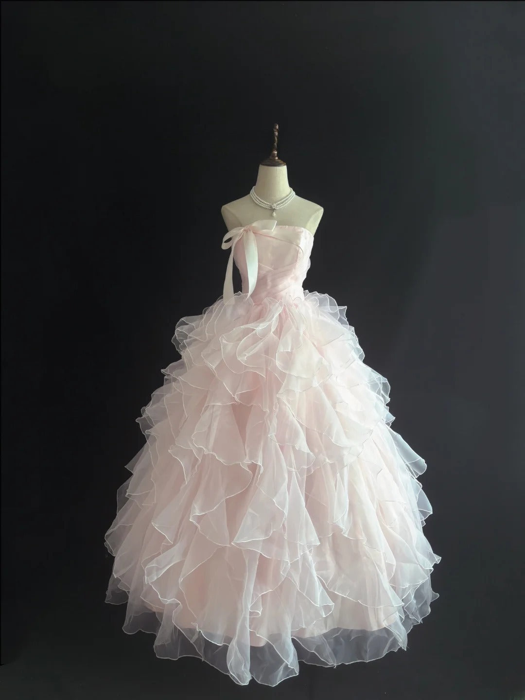 Cute Ball Gown Strapless Pink With Bow Ruffles Tiered Long Quince Dress Voluminous Sweet 16 Sweet Sixteen Outfits Vestido de 15 RB7547