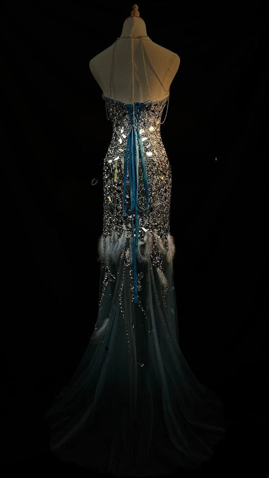 Vintage Prom Dresses Mermaid Sweetheart Light Sky Blue With Crystals Sleeveless Long Evening Formal Outfits RB3603