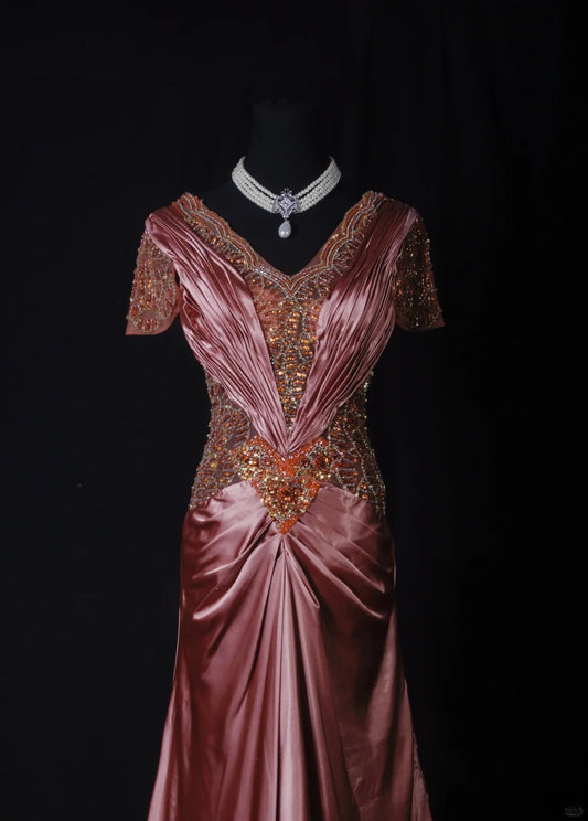 Vintage Prom Dresses Inspiration Mermaid V Neck Short Sleeves Pink Semi Formal 90s Prom Dresses With Beads For Teens High Schools AS171