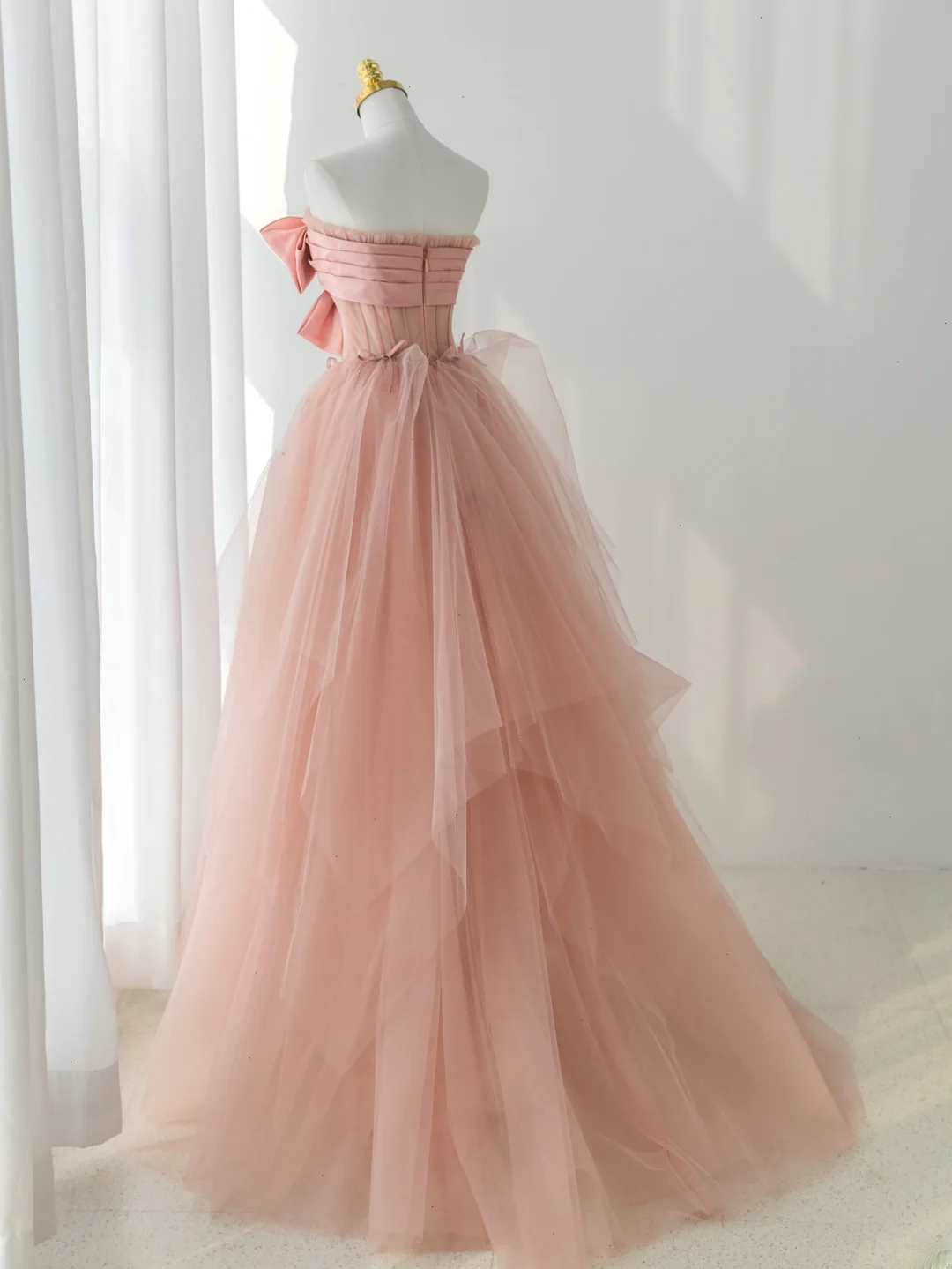 Elegant Ball Gown Strapless Pink Tulle Long Formal Prom Dresses Dance Night Outfits Evening 18th Birthday Outfit AS176
