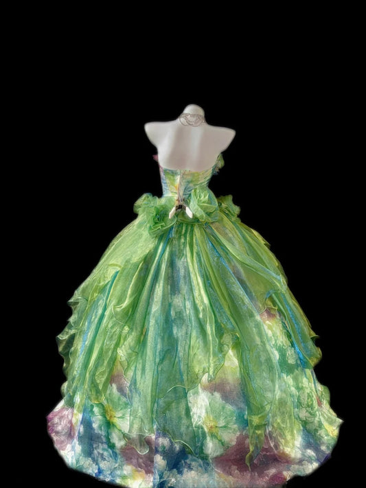 Princess Ball Gown Strapless Green Tulle Long With 3D Flowers Corset Fitted Sweet 16 Dresses Seventeen Quince Dress RB3609