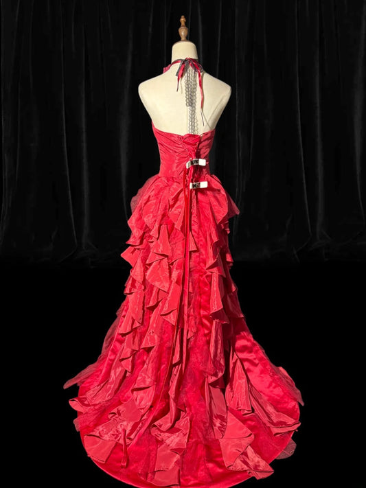 A line Strapless Sleeveless Hot Pink Floral Lace With Tiered Tiered Long Formal Fancy Evening Dresses Dinner Outfits Classy Party Gowns AS186