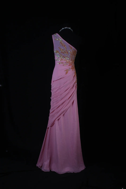 Modest Mermaid One Shoulder Pink Chiffon Prom Dress Long Party Gowns Evening Dresses AS188