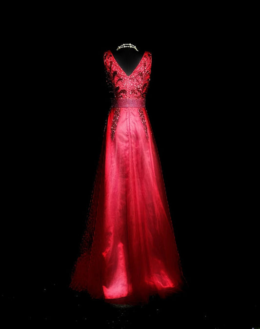 Vintage Prom Dresses A line V Neck Red Tulle With Beads Crystals Sleeveless Long Formal Outfits RB6005