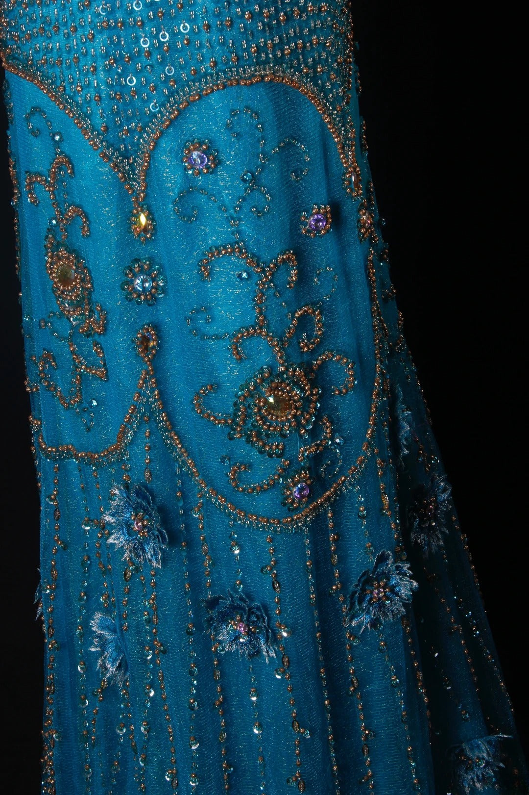 Classy Prom Dresses 1950s A line Tulle With Gold Beaded Blue Long Parties Gowns Evening Dress AS205