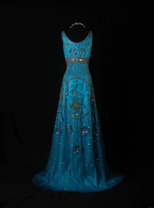 Classy Prom Dresses 1950s A line Tulle With Gold Beaded Blue Long Parties Gowns Evening Dress AS205