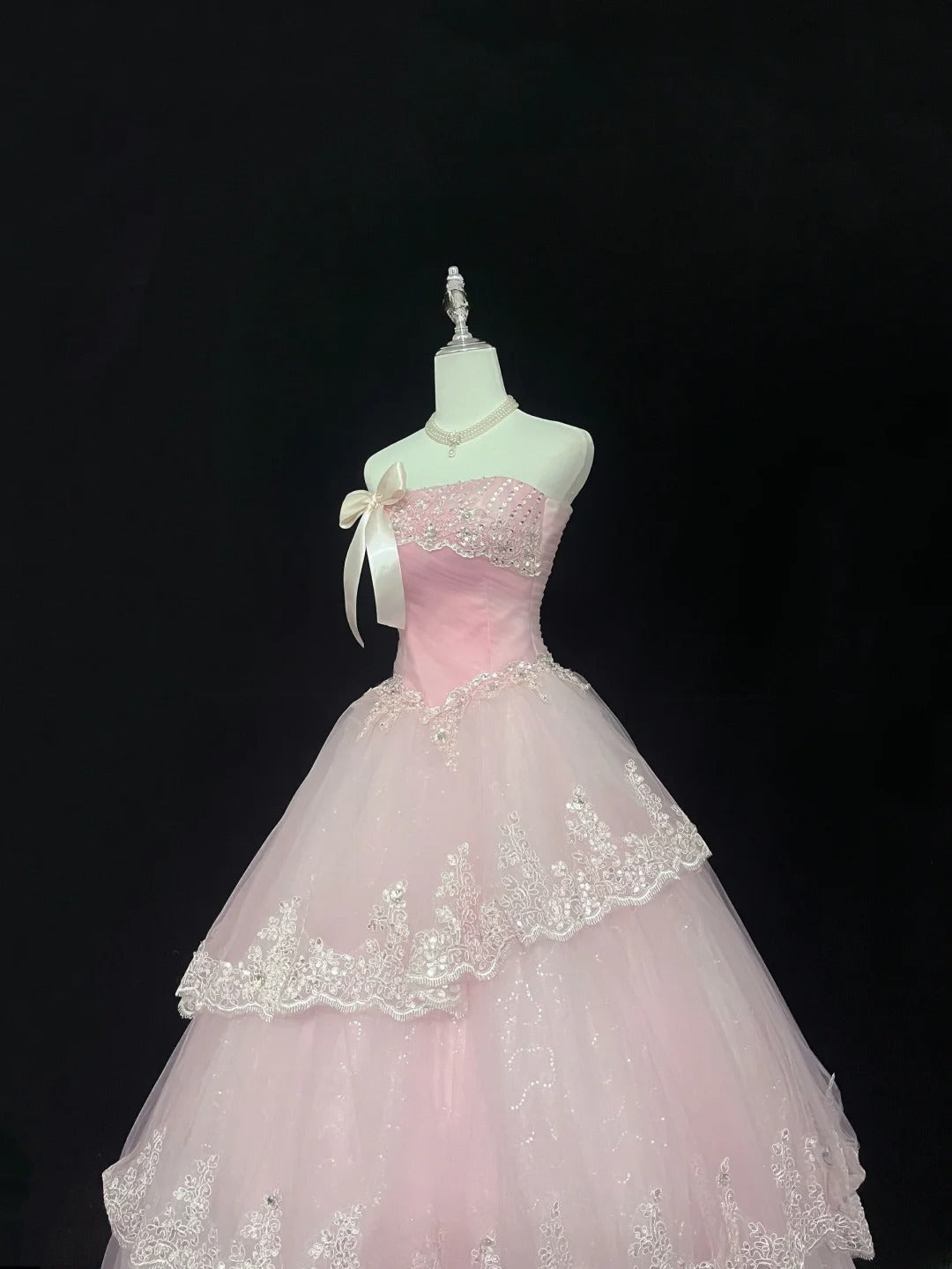 Dream Ball Gowns Strapless Pink With Appliqued Lace Long Prom Dress Senior Puffy Sweet 16 Sixteen Outfit Vestido de 15 RB7605