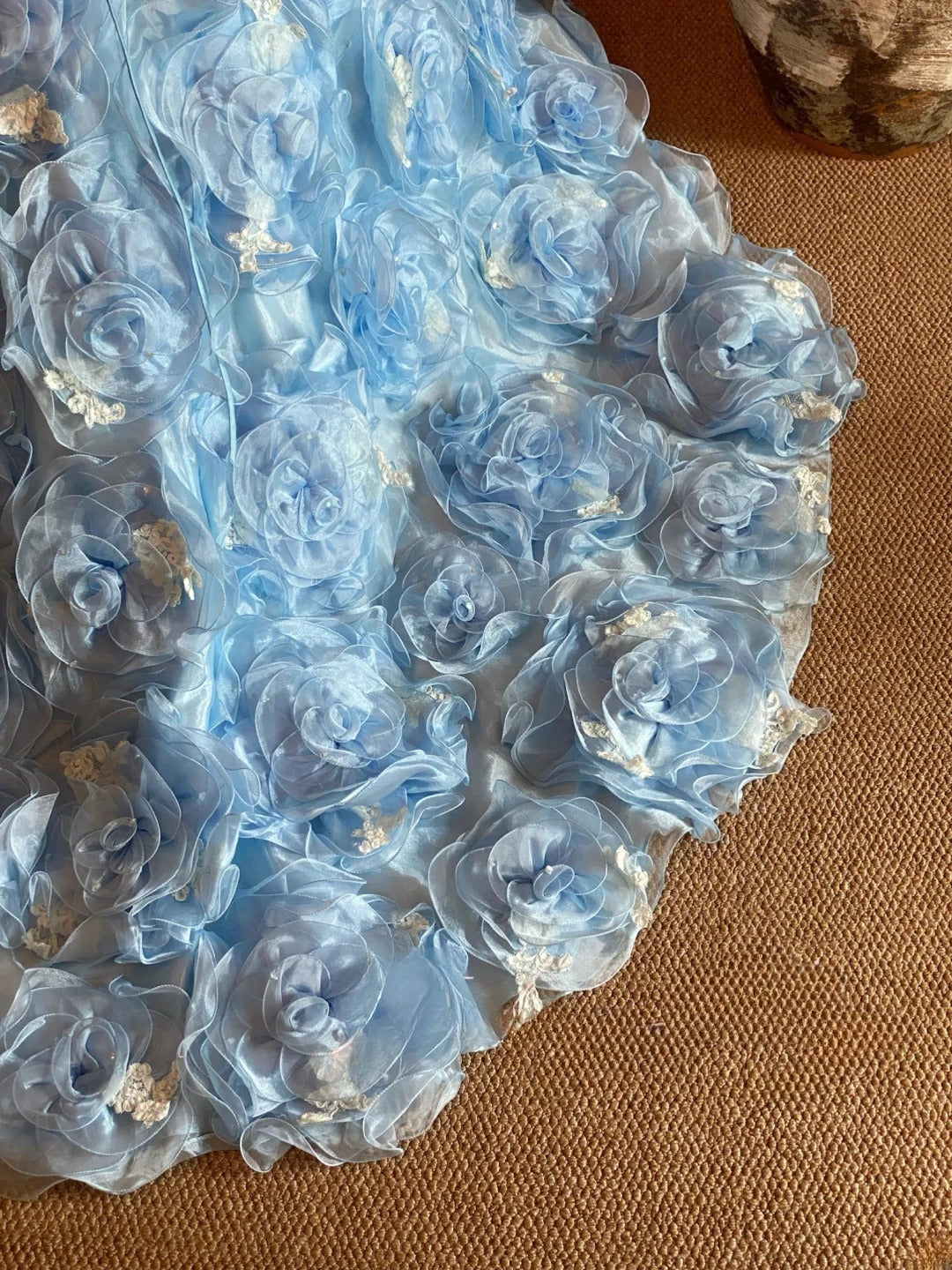 3D Floral Tiered Layers Strapless Blue Quinceanera Dress Ball Gown Sweet 15 Gown RB9143